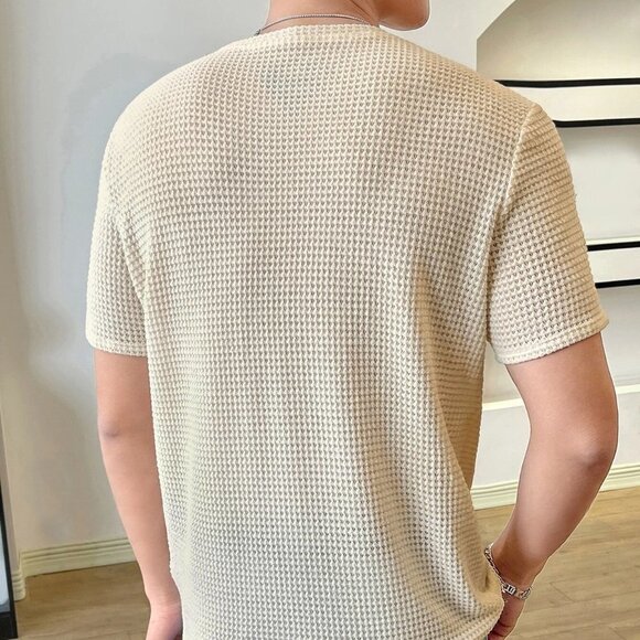 Beige Preppy Mens Solid Waffle Knit Tee - Picture 2 of 5